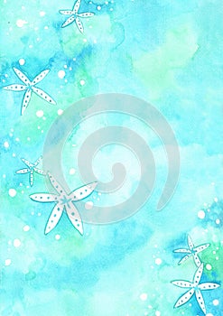 Starfish in sea water background watercolor hand painting.