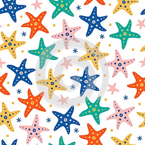 Starfish seamless vector pattern. Underwater animals in the shape of stars with suckers. Flat cartoon style, hand drawn