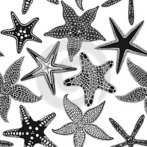 Starfish. Seamless vector pattern on white. Perfect for wallpaper, wrapping, fabric and textile. Black and white