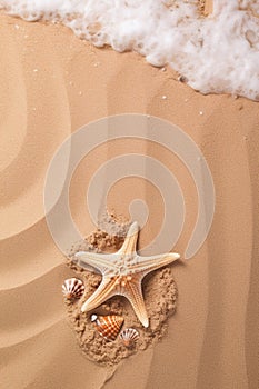 Starfish and seashell on sand for summer holidays and travel background
