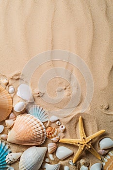 Starfish and seashell on sand for summer holidays and travel background