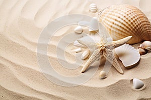 Starfish and seashell on sand for summer holidays and travel background