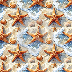 Seamless nautical pattern with starfish, shells and sea water