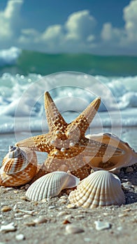 Starfish and Seashells on Beach, Natural Beauty of Marine Life