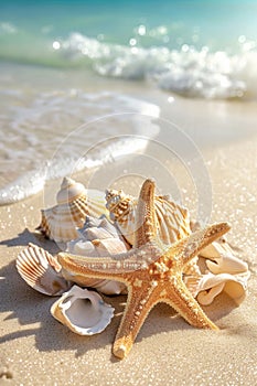 Starfish and Seashells on Sandy Beach