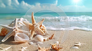 Starfish and Seashells on Sandy Beach