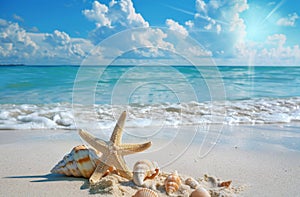 Starfish and Seashells on a Sandy Beach