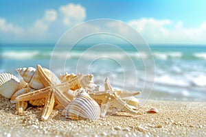 Starfish and Seashells on Sandy Beach