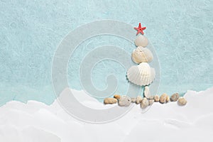 Starfish and seashells in the shape of Christmas tree