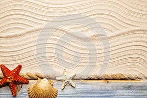 Starfish, shell and hawser on wooden plank and beach sand photo