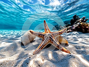 A starfish and a shell on the sand of a beach