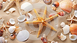 Starfish and shells on sandy beach background