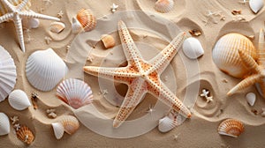 Starfish and shells on sandy beach background