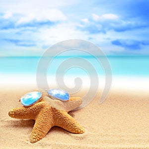 Starfish in sunglasses on a sandy beach