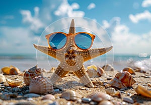 Starfish in sunglasses on the summer beach. Vacation concept