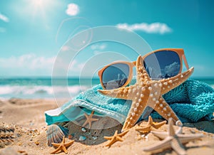 Starfish With Sunglasses and Towel on Beach