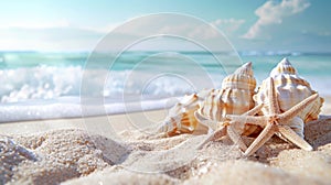 Starfish and Two Seashells on Sandy Beach