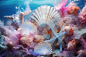 Starfish and various seashells macro background. Sshells have different shapes, colors and textures, creating stunning