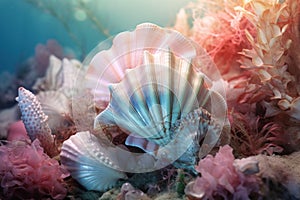 Starfish and various seashells macro background. Sshells have different shapes, colors and textures, creating stunning