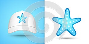 Starfish on white baseball cap. Vector illustration