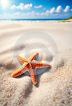 starfish on white sand beach in bright summer day