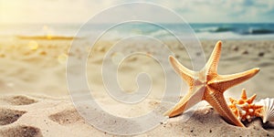 Starfishes on the beach at sunset time. Summer vacation concept. Banner 2:1