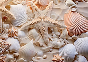 a mixture of shells and starfish on the beach