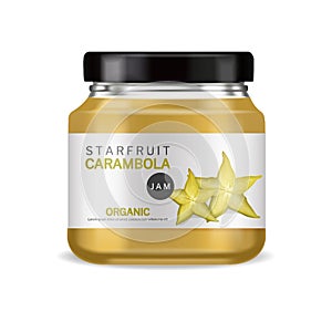 Starfruit jam vector realistic. Organic glass bottle label design. product placement 3d illustrations