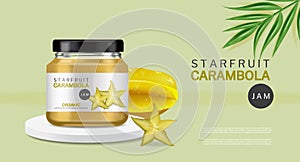 Starfruit jam vector realistic. Organic glass bottle label design. product placement 3d illustrations