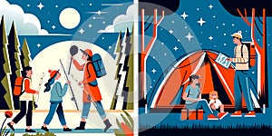 Stargazing Family Camping Vector Illustration