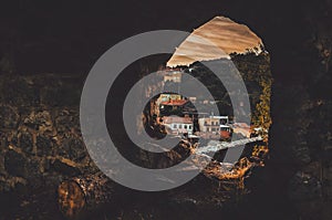 STARI BAR, MONTENEGRO - September, 2016: The old city view from ancient ruins of fortress. window concept, sunset