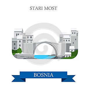 Stari Most Old Bridge Mostar Bosnia Herzegovina flat vector