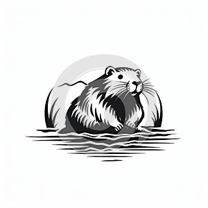 Stark Black And White Beaver Logo Illustration In A Serene Lake