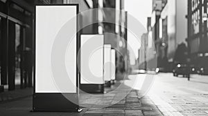 Stark black and white blank mockup of light post banners against a busy street backdrop. photo