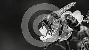 Stark black and white imagery capturing a bee's intricate details as it lands on the petal of a white flower, with a