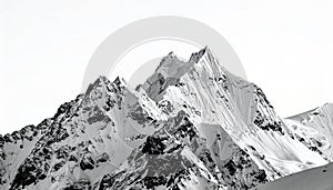 Jagged snow covered mountain peaks against white sky 1