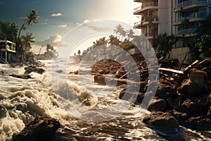 A stark coastal scene illustrating the harsh reality of rising sea levels: turbulent waves engulf the remains of what was once a