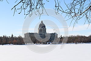 Stark crisp winter view Saskatchewan Legislature at Wascana Park