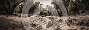A stark and evocative image of a dry riverbed, showing the devastating effects of drought and climate change on natural