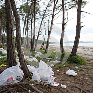 Plastic bag trash pollution in nature photo