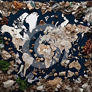 A stark image of a world map made entirely of various types of waste. AI generated