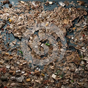 A stark image of a world map made entirely of various types of waste. AI generated