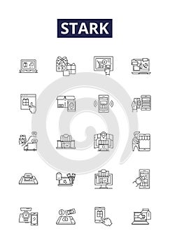 Stark line vector icons and signs. Rigid, Sharp, Defined, Severe, Bold, Clear, Hard, Harsh outline vector illustration