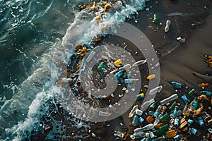 a stark realistic image of a beach polluted with garbage, highlighting environmental degradation photo