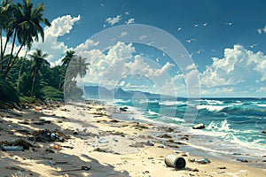 a stark realistic image of a beach polluted with garbage, highlighting environmental degradation photo