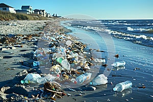 a stark realistic image of a beach polluted with garbage, highlighting environmental degradation photo