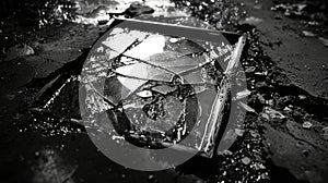 Broken glass on a black background. Black and white photo.