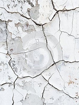 The stark white wall displays a web of crackled paint, showcasing the beauty of age and natural decay. The texture