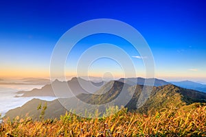 Starlight Sunrise scene with the peak of mountain called Phu Chifa with Fog over the city below photo