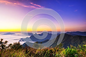 Starlight Sunrise scene with the peak of mountain called Phu Chifa with Fog over the city below photo